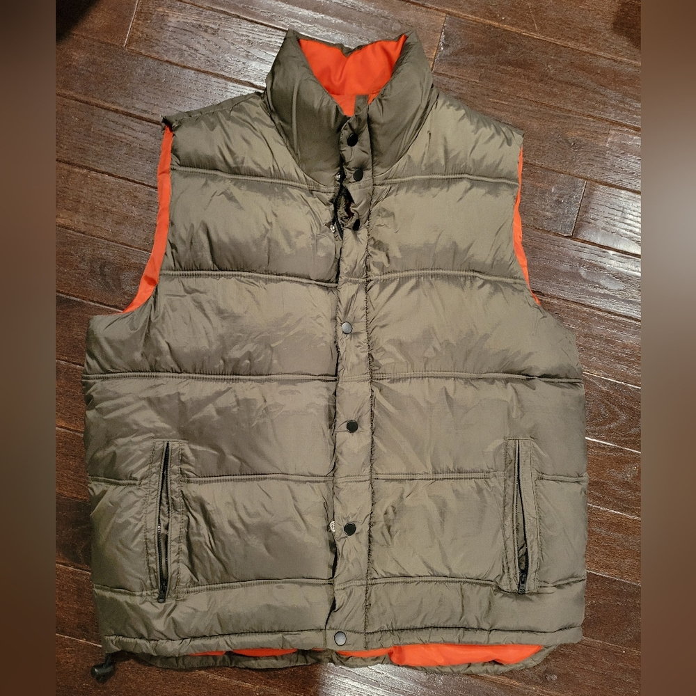 Old Navy olive vest, orange lining, puffer, zip and snap closure
